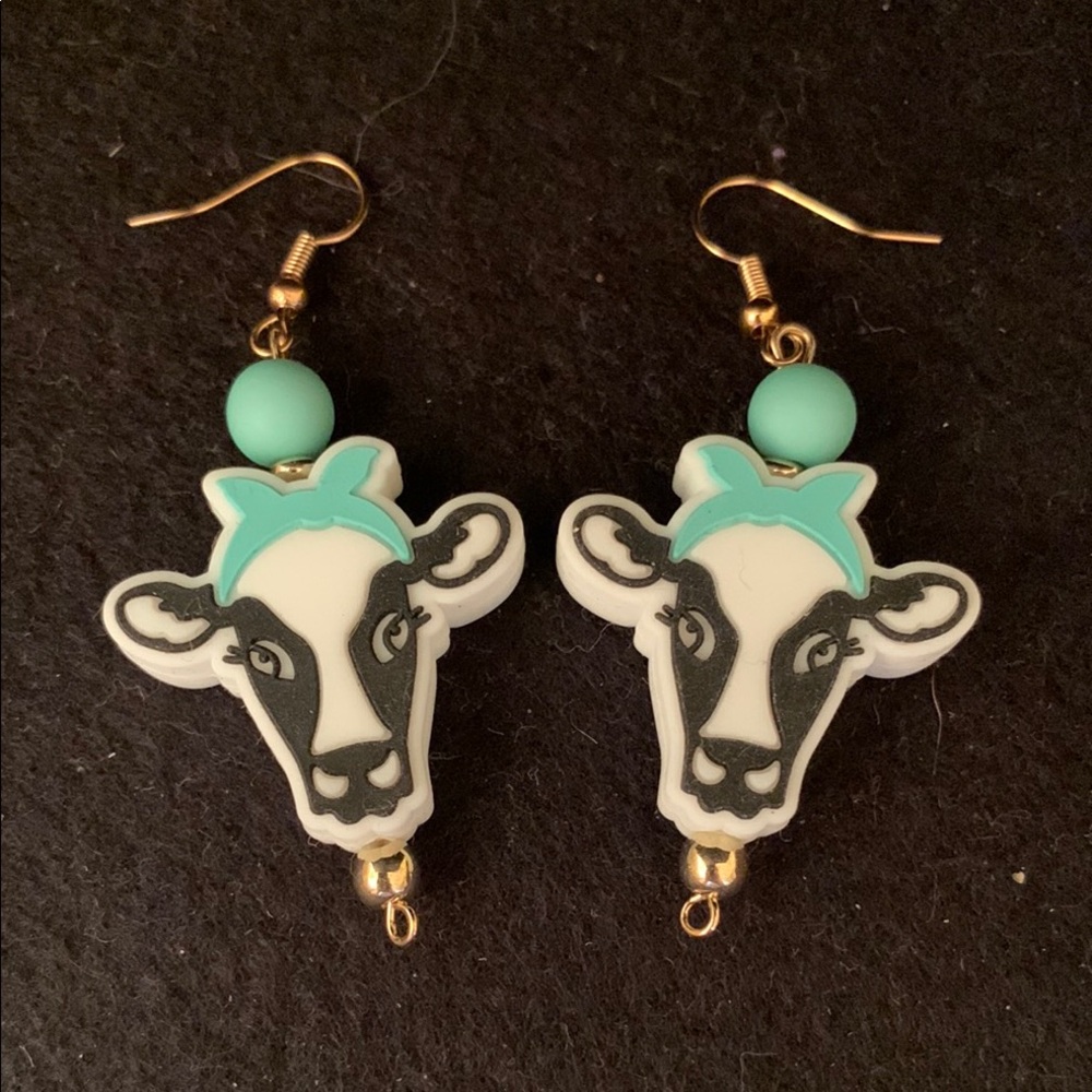 Cow Head Earrings Handmade Handcrafted Dangle Pierced Wire Hook Earrings